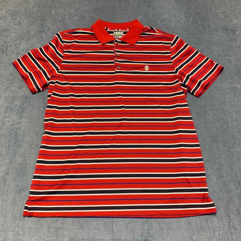 Izod Golf Polo Shirt Men Large Red White Stripes Tennis Short Sleeve Performance